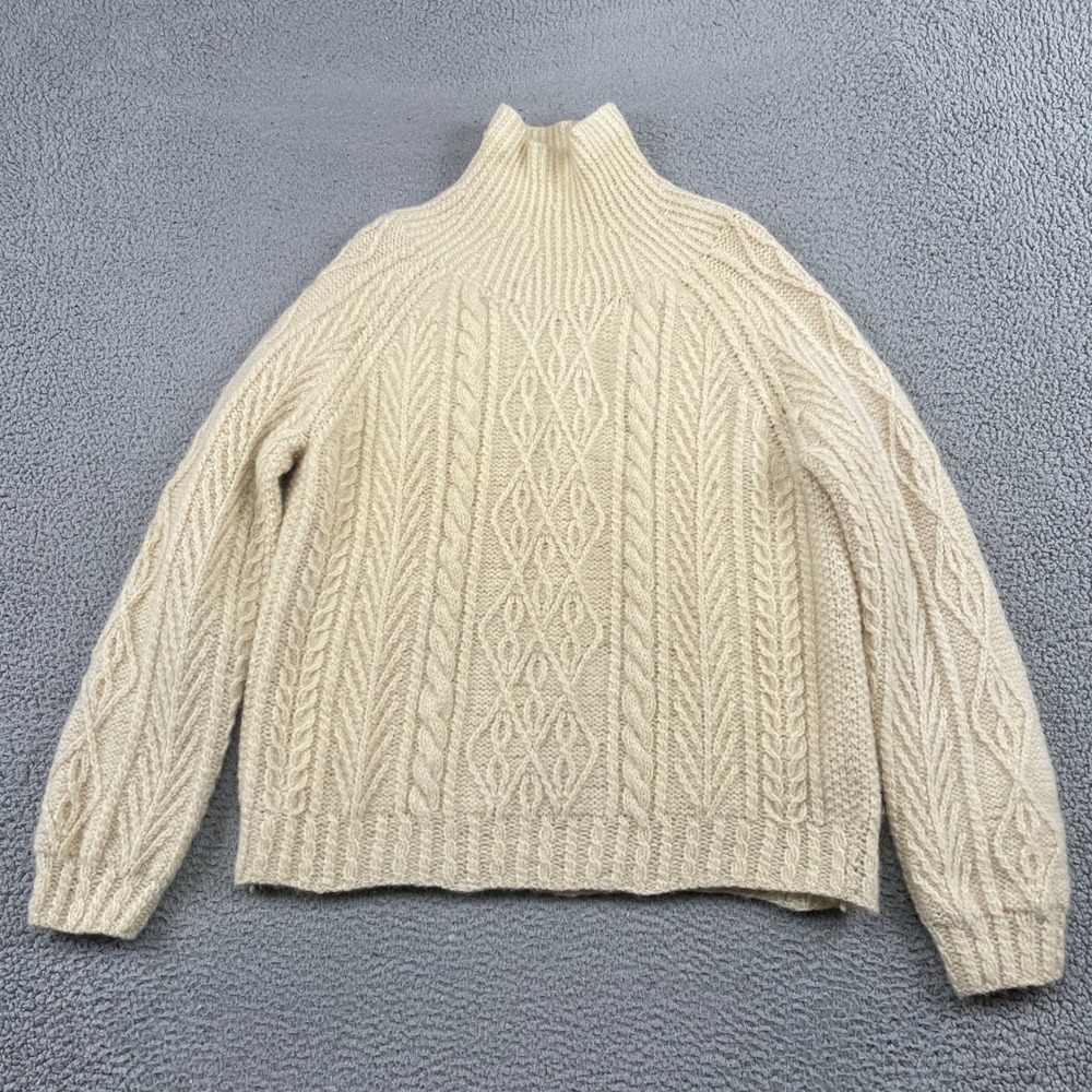 Irish Aran Sweater Women XL Cream Cable Knit Mock Neck Chunky Fisherman